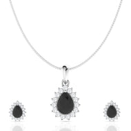 Silver Black Tear Drop Pendant Set with Link Chain