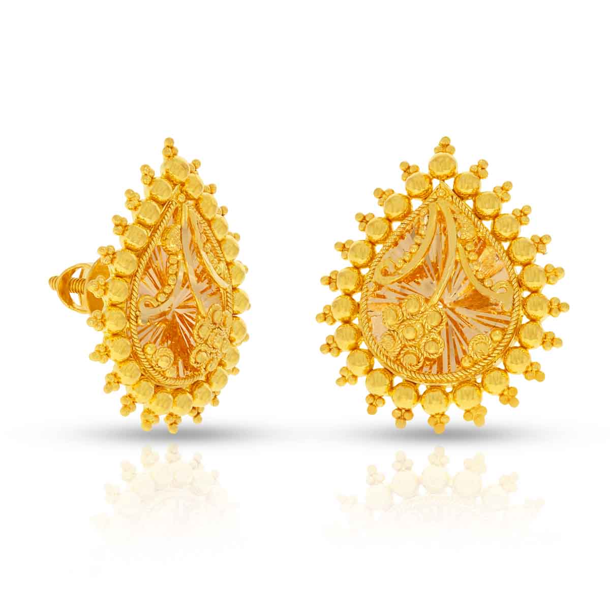 Gold Stud Earrings with Floral Charm in 22K