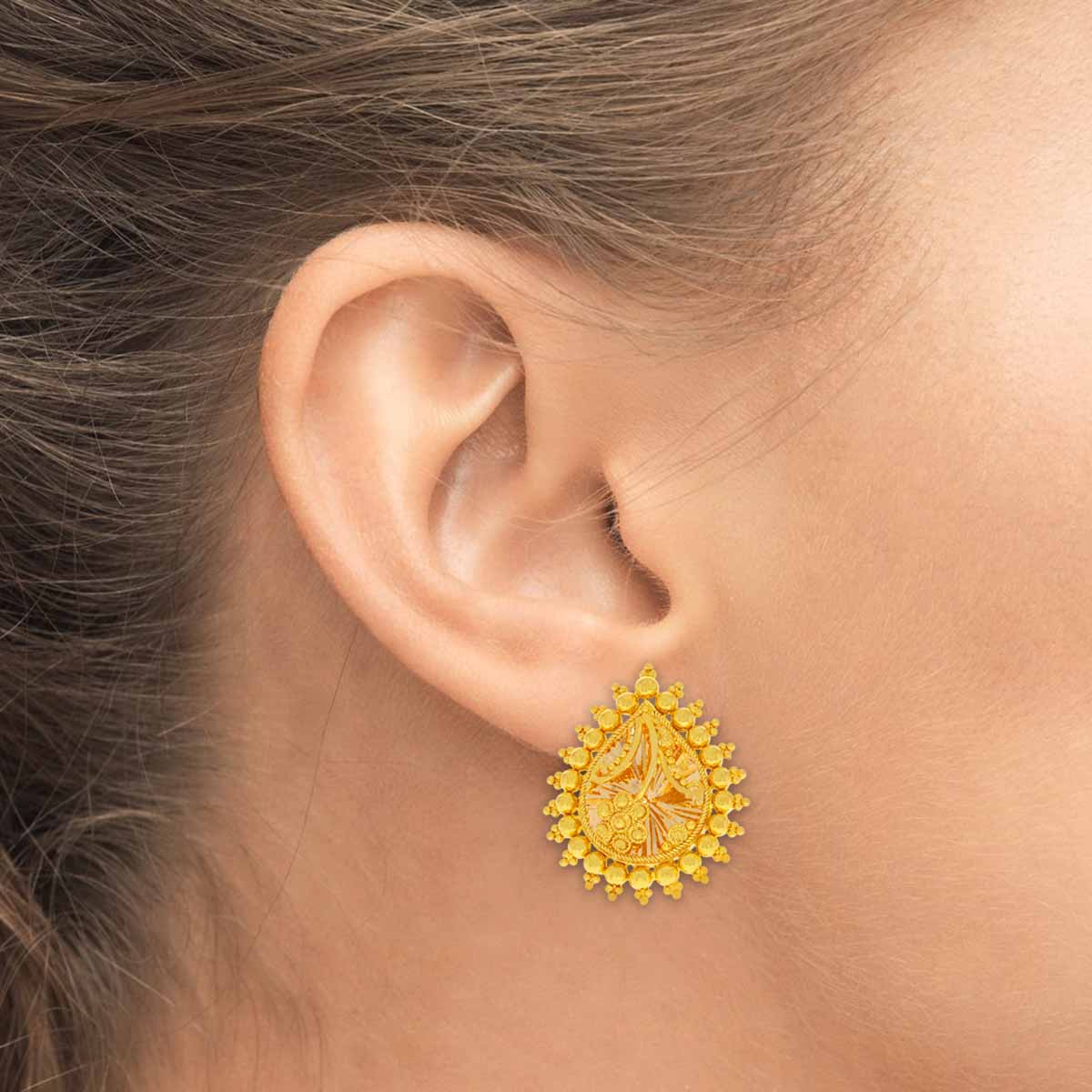 Gold Stud Earrings with Floral Charm in 22K