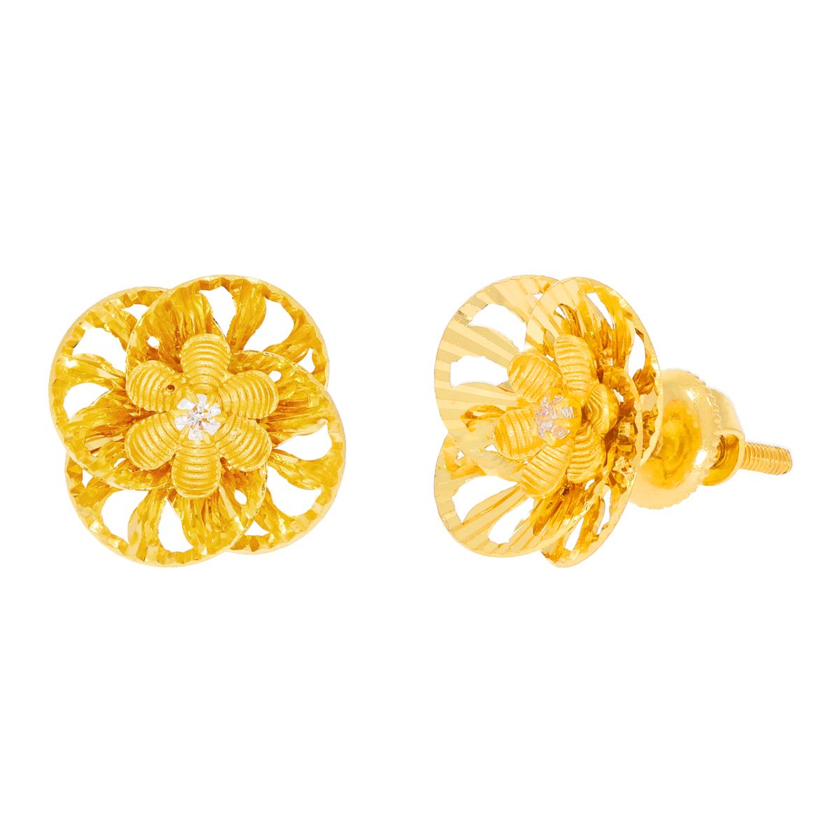 Delightful Floral Gold Stud Earrings in 22K