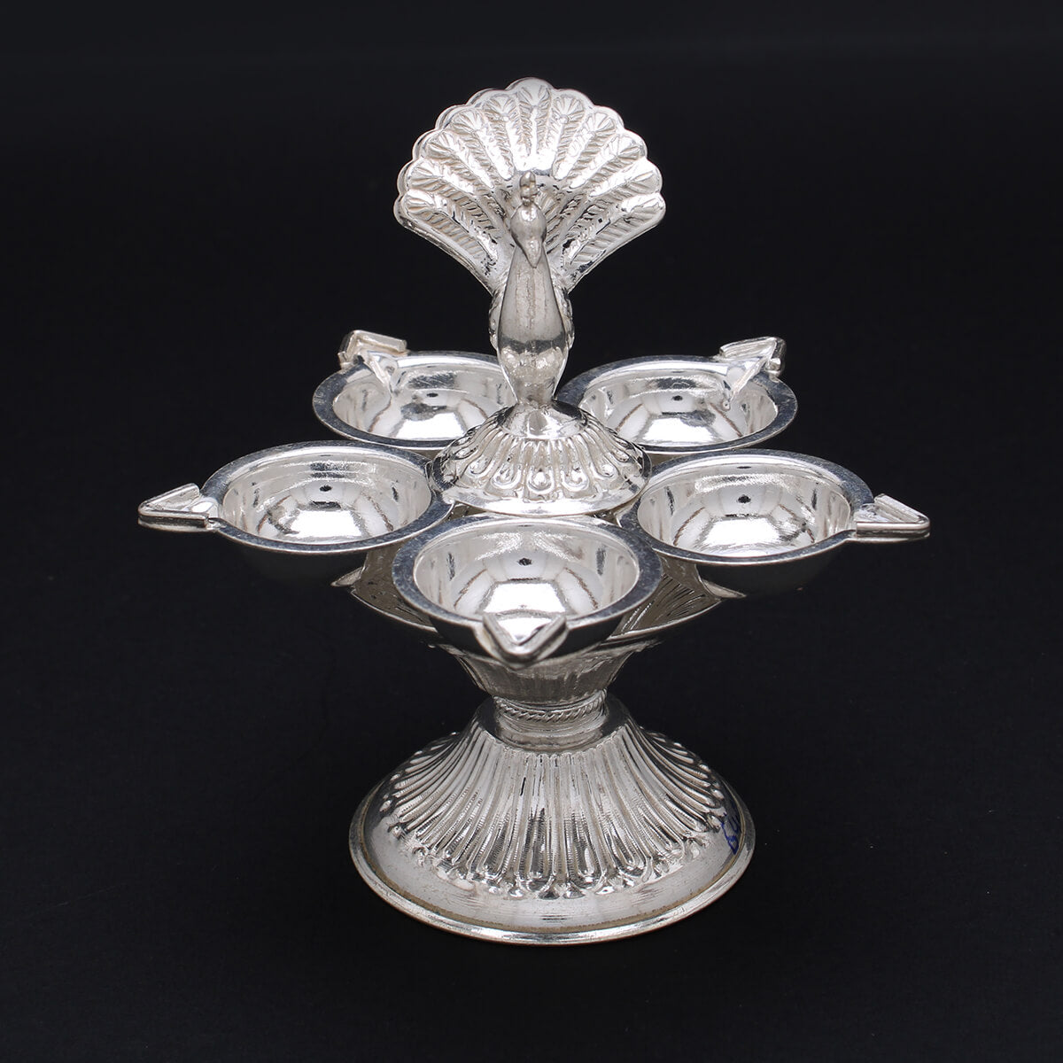 Mesmerising Gleaming Peacock Silver Diya Lamp
