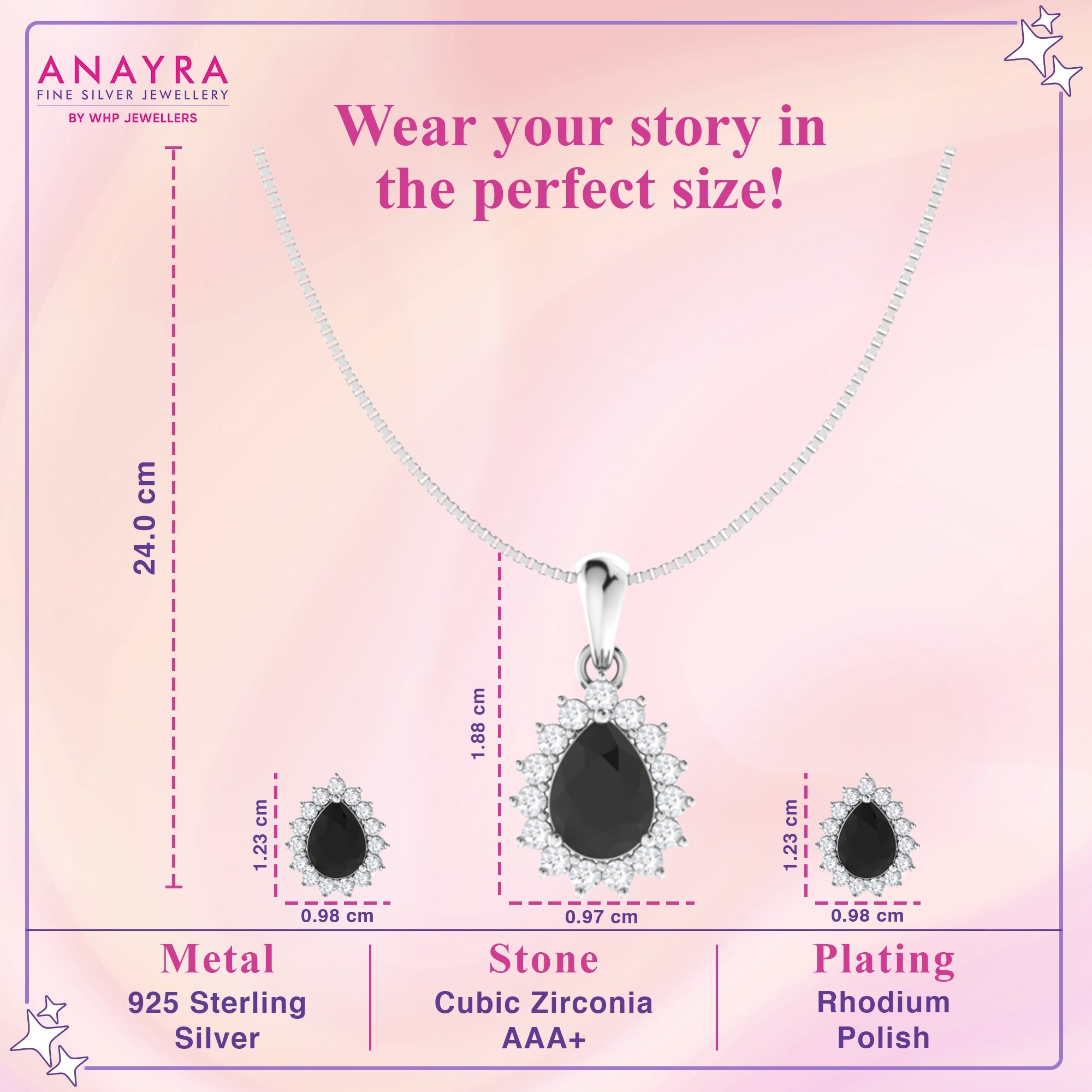 Silver Black Tear Drop Pendant Set with Link Chain