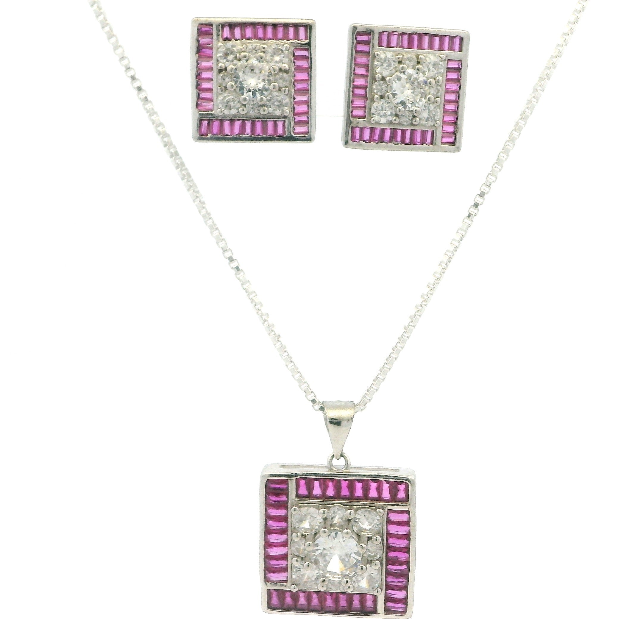Radiant Pink Crystal Square Pendant Set
