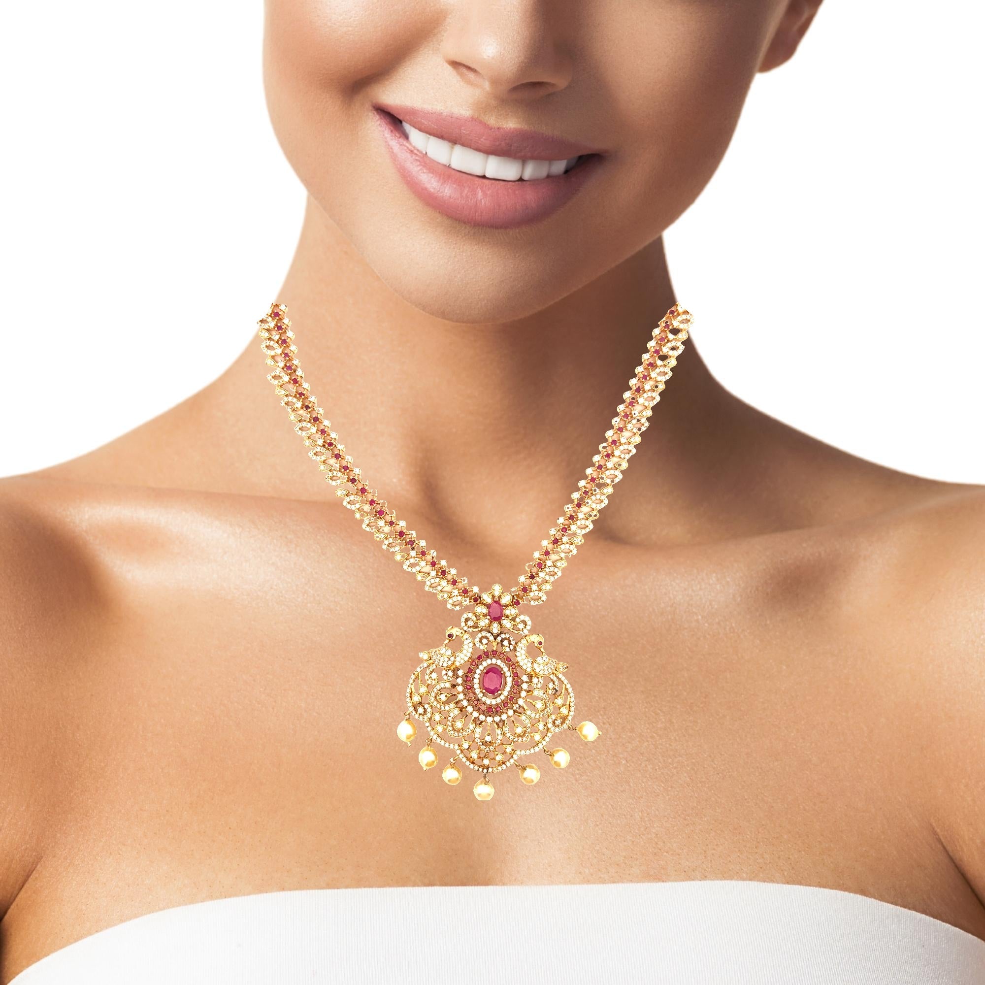 Gold Plated Necklace Set with Pink Stone