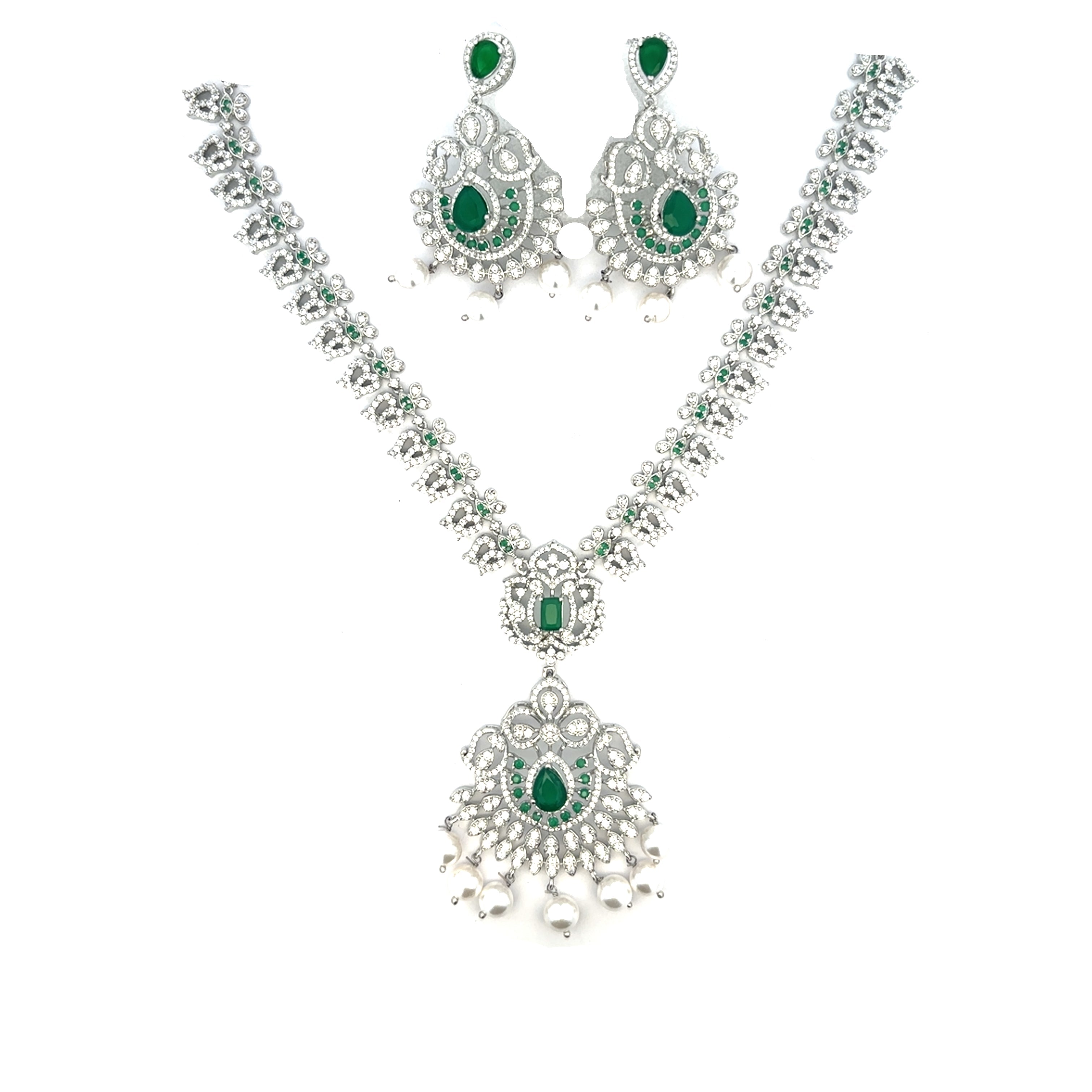 Silver Necklace Set with Emerald Stone Design