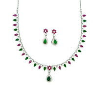 Tricolor Stone Teardrop Silver Tone Necklace Set