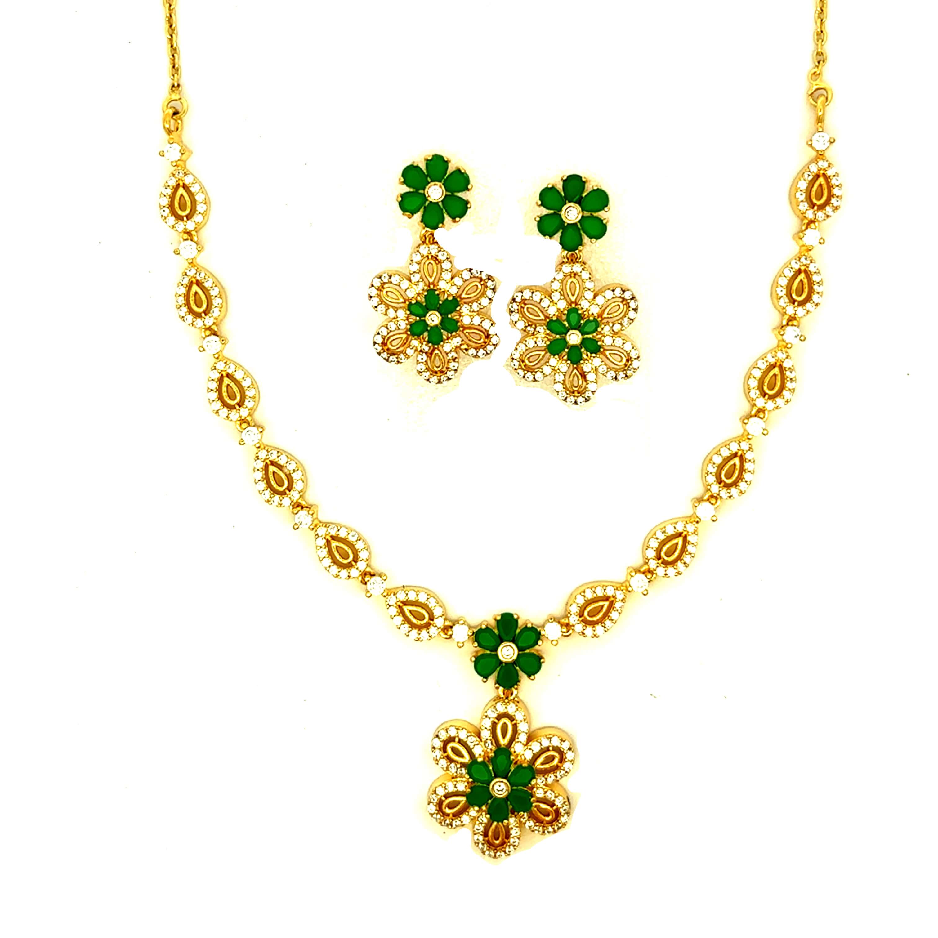 Matte Gold Plated Green Stone Necklace Set