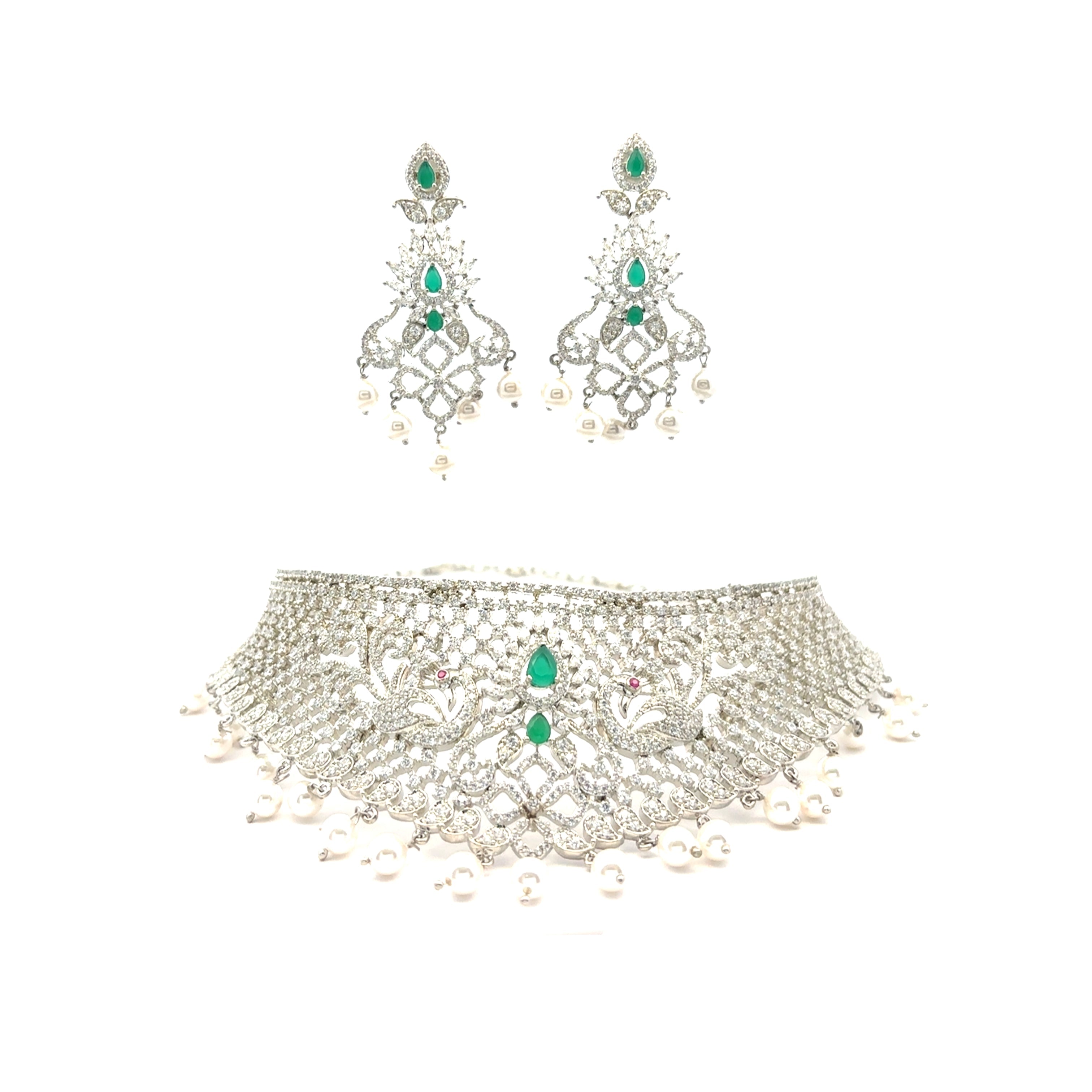 Elegant Silver Choker Necklace Set with Green Stones