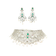 Elegant Silver Choker Necklace Set with Green Stones