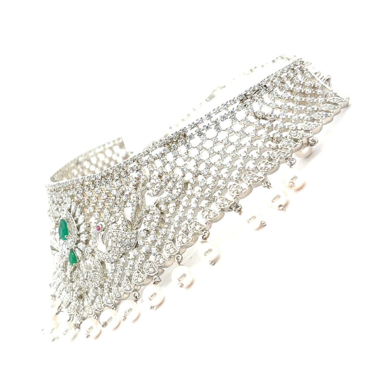 Elegant Silver Choker Necklace Set with Green Stones
