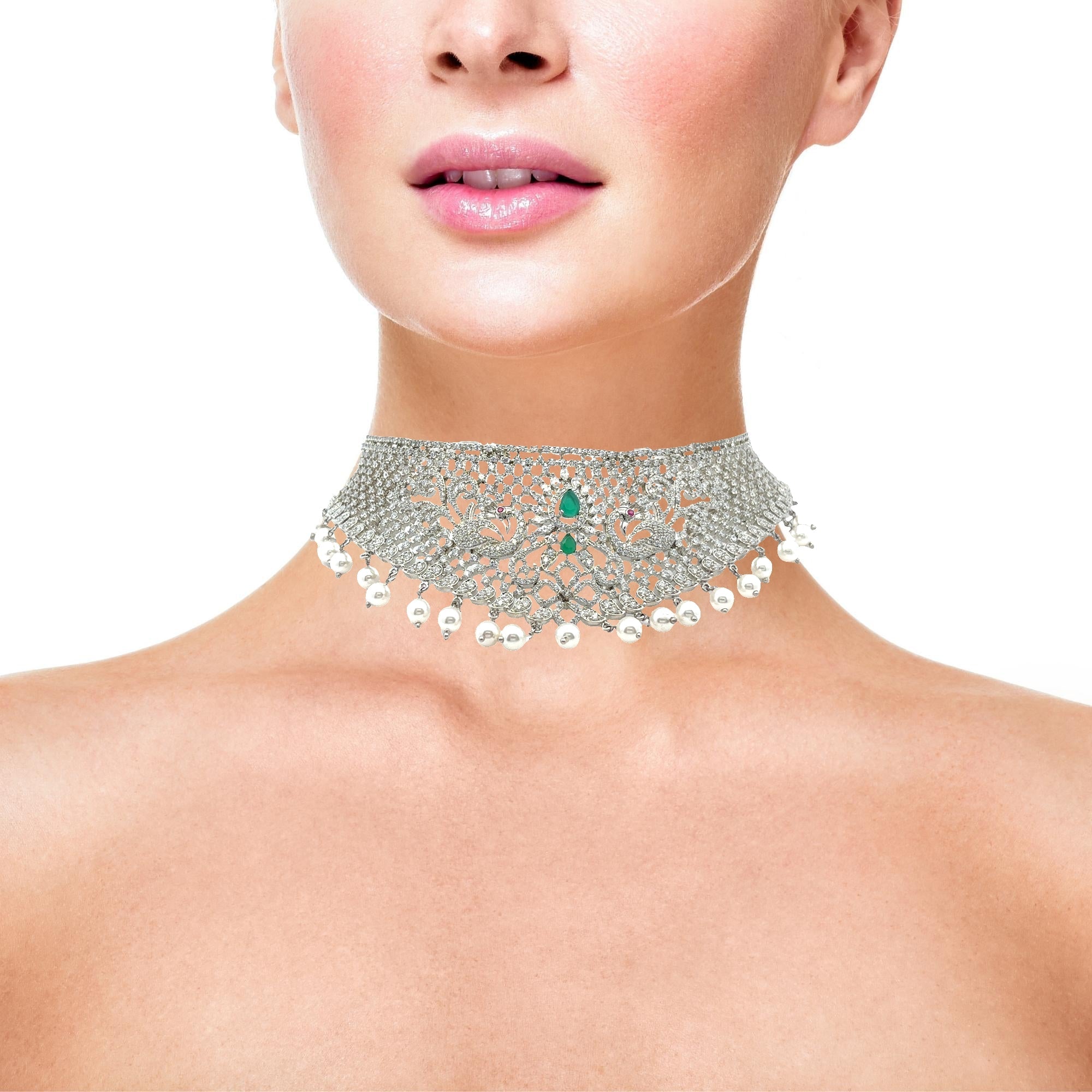Elegant Silver Choker Necklace Set with Green Stones