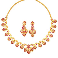 Sleek Leaf Line Ruby Stone Gold Plated Necklace Set