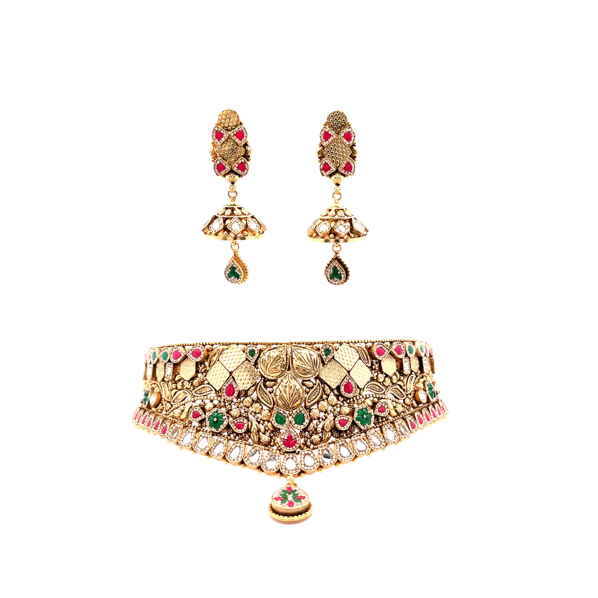 Bridal Gold Plated Choker Necklace Set with Colorful Stone Work