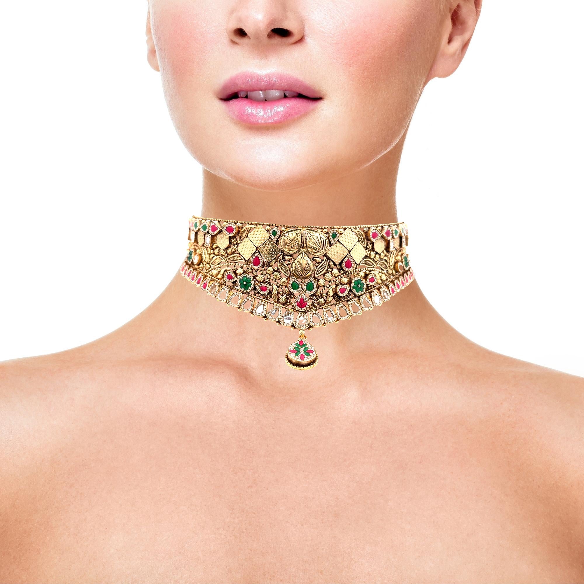 Bridal Gold Plated Choker Necklace Set with Colorful Stone Work