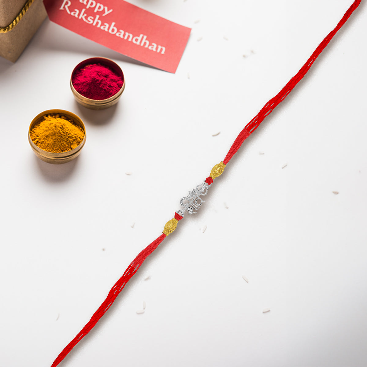 Designer Silver Rakhi with Trishul and Shiv Name