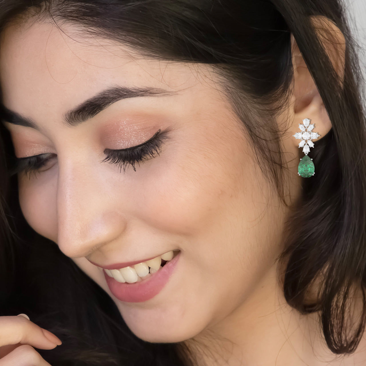 Emerald Drop Diamond Floral Earrings