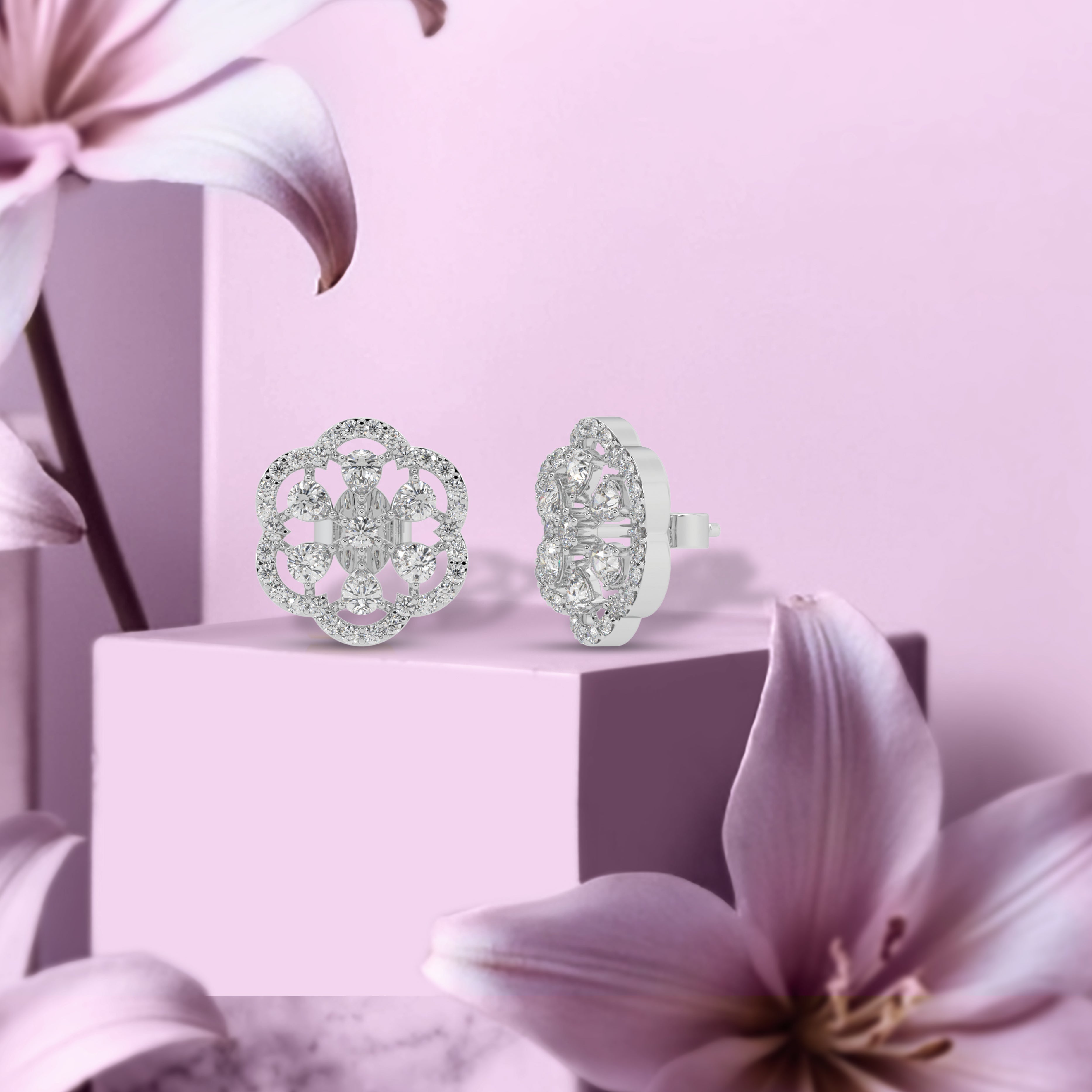 Silver Petal Halo Stud Earrings