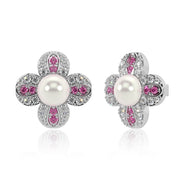 Floral Frost Pink Stud Silver Earrings
