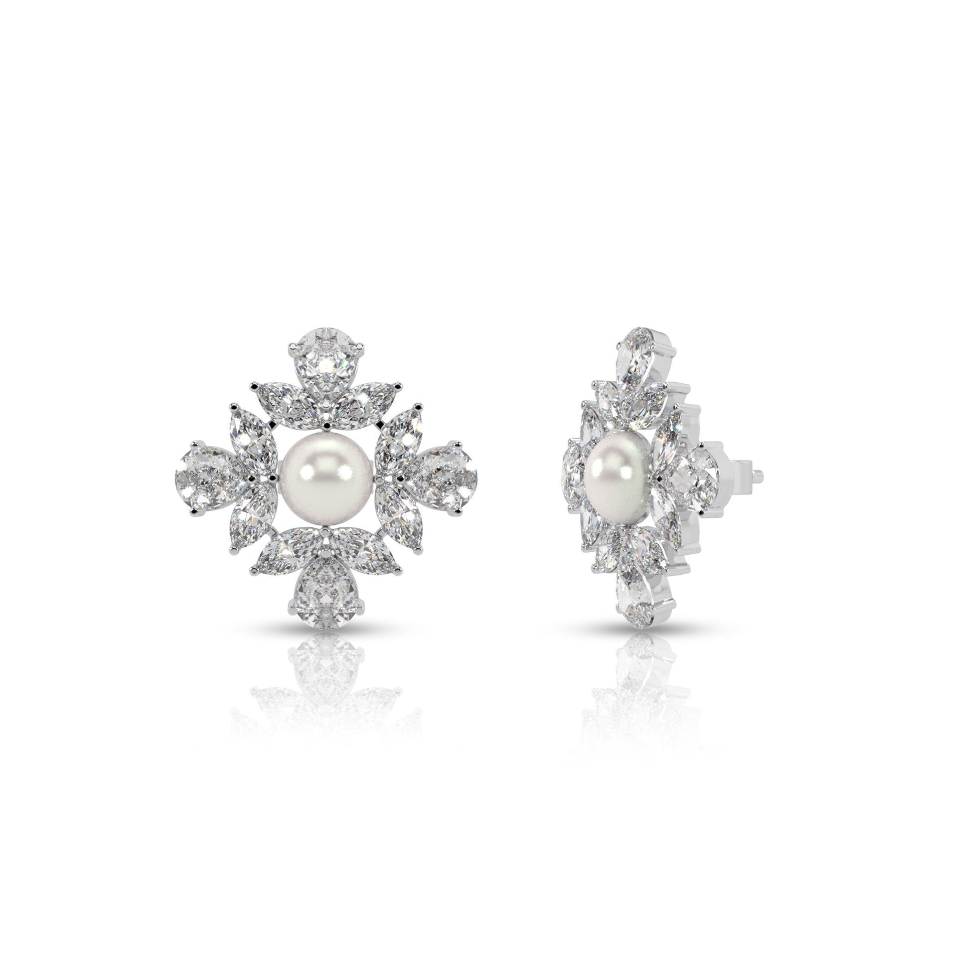Silver Bloom Pearl Stud Earrings
