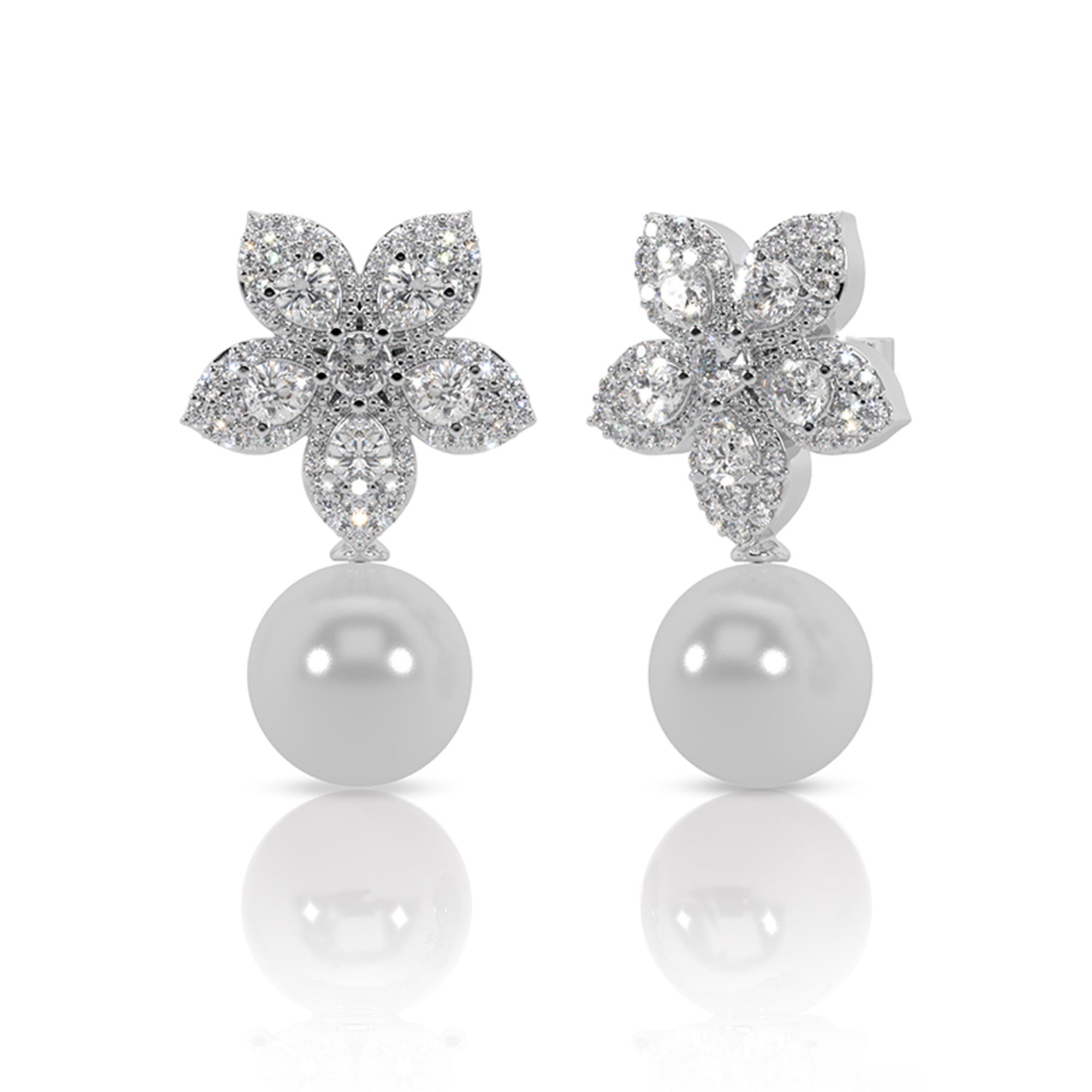 Silver Pearl Glow Floral Danglers