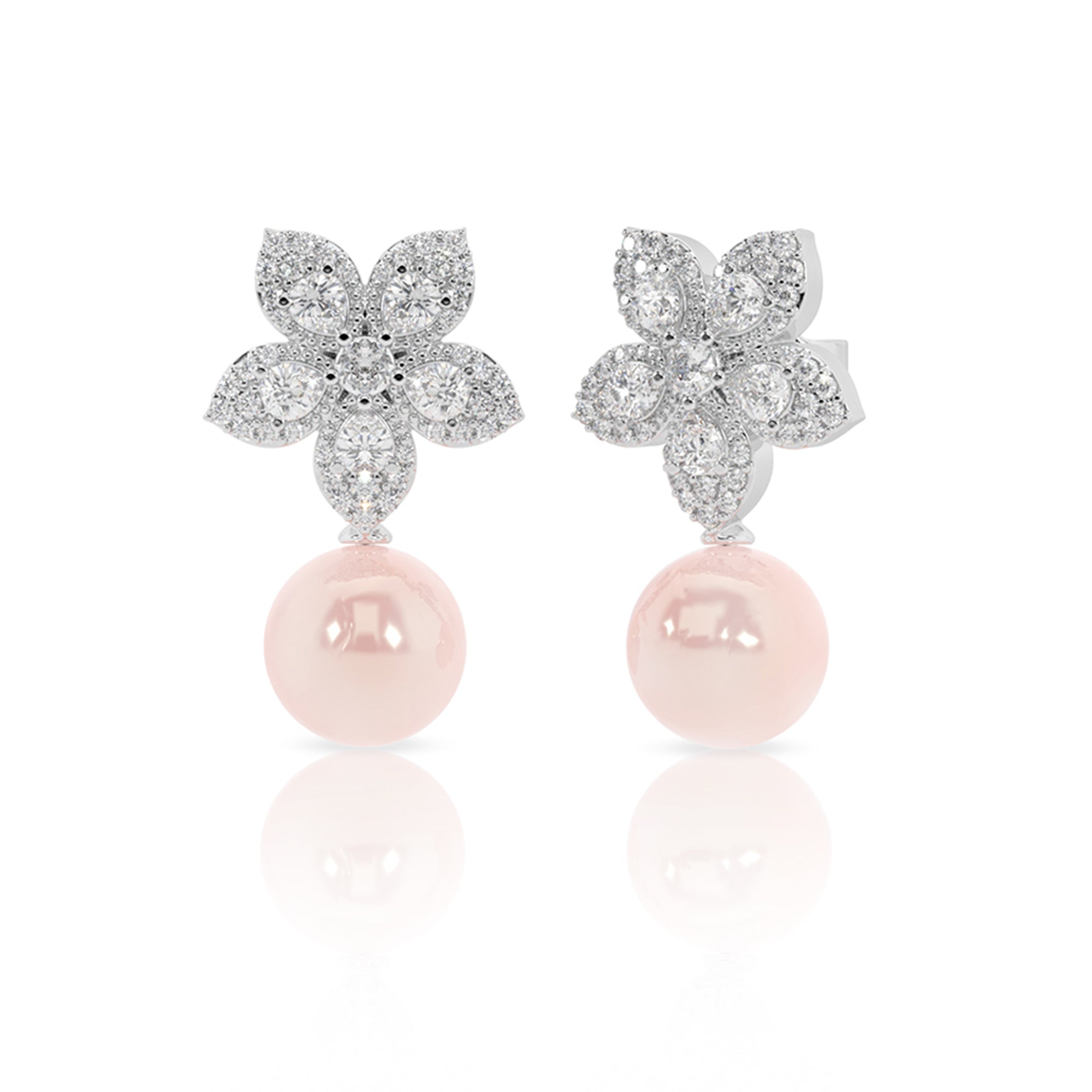 Floral Stud with Pink Pearl Drop Earrings