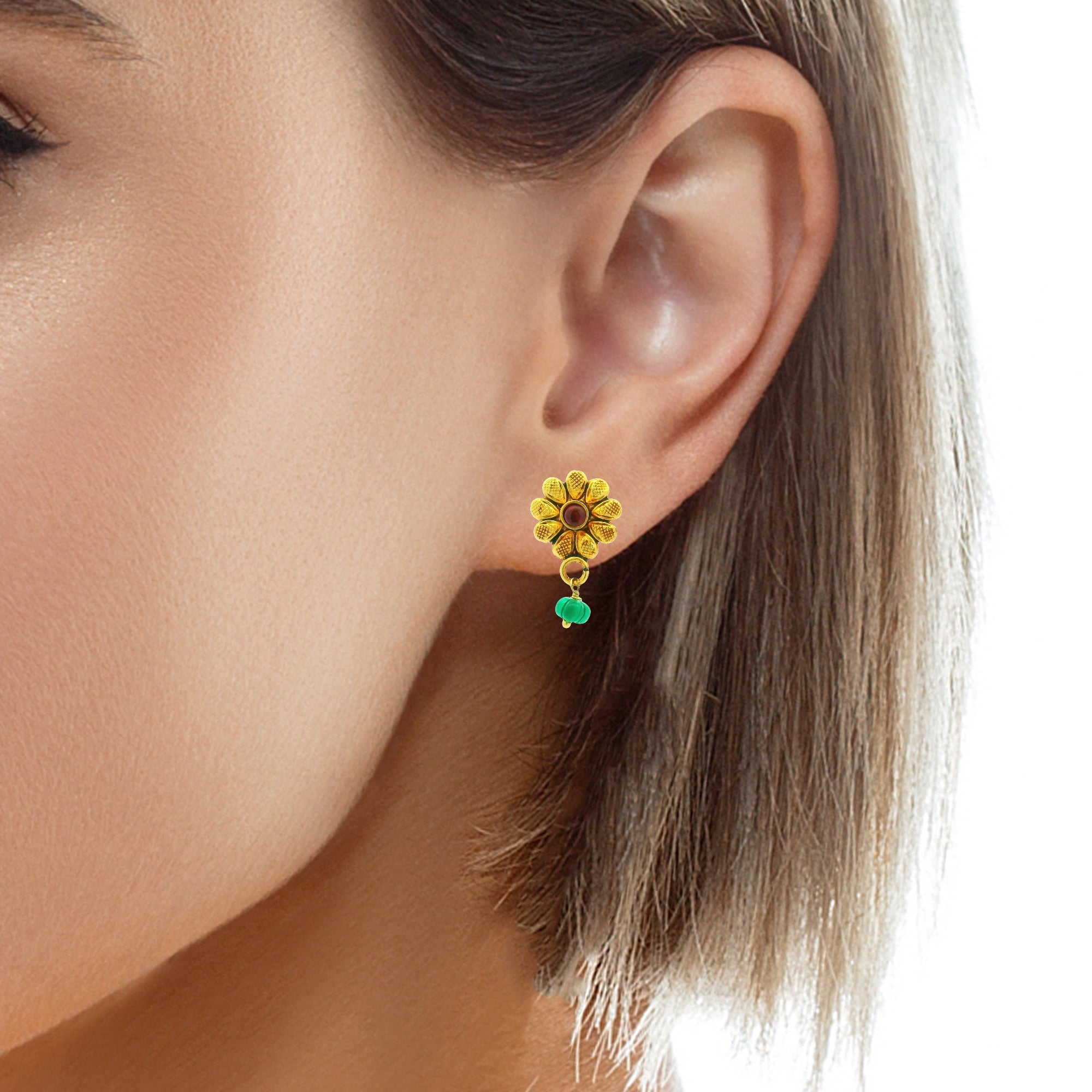 Floral Gold Plated Earrings with Green Bead