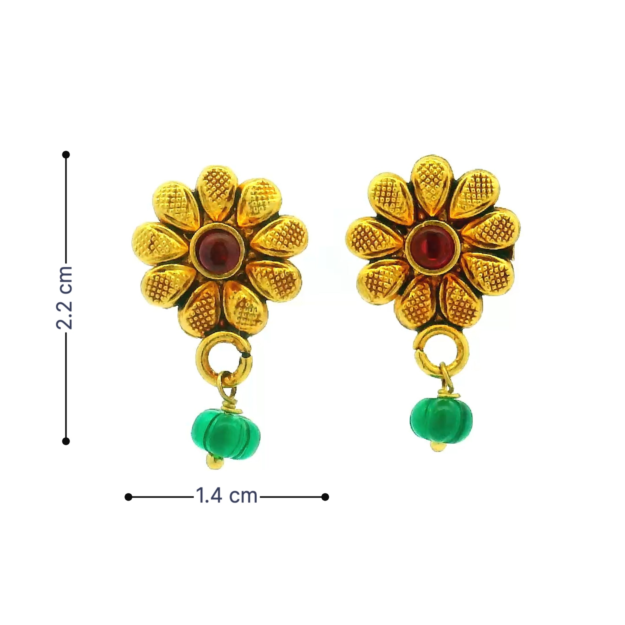 Floral Gold Plated Earrings with Green Bead
