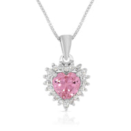 Silver Solitaire blossom pink Heart Pendant with Link Chain