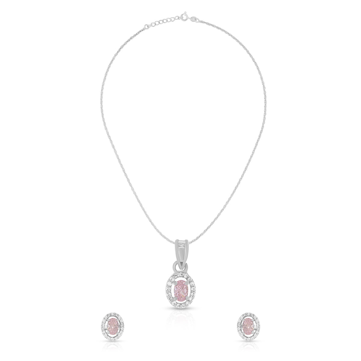 Elegant Pink Oval Halo Pendant Set