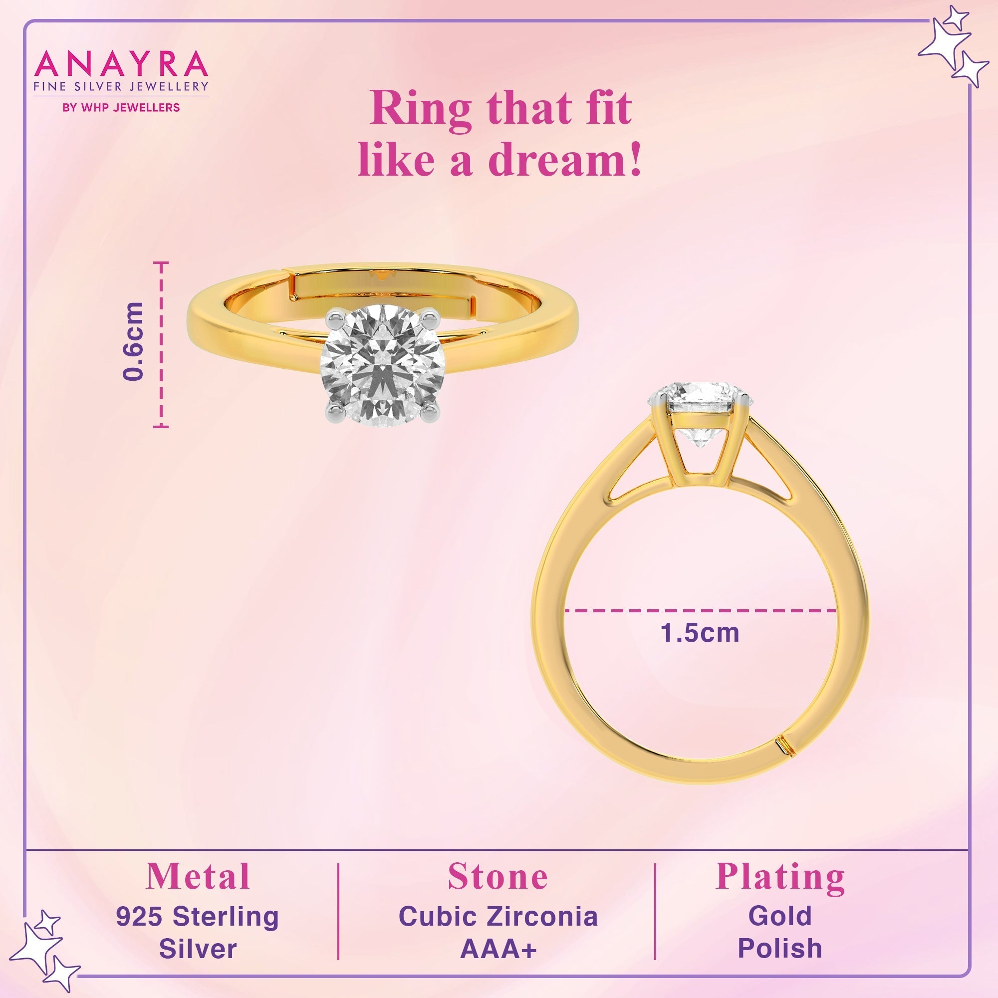 Stunning Solitaire Gold Plated Ring
