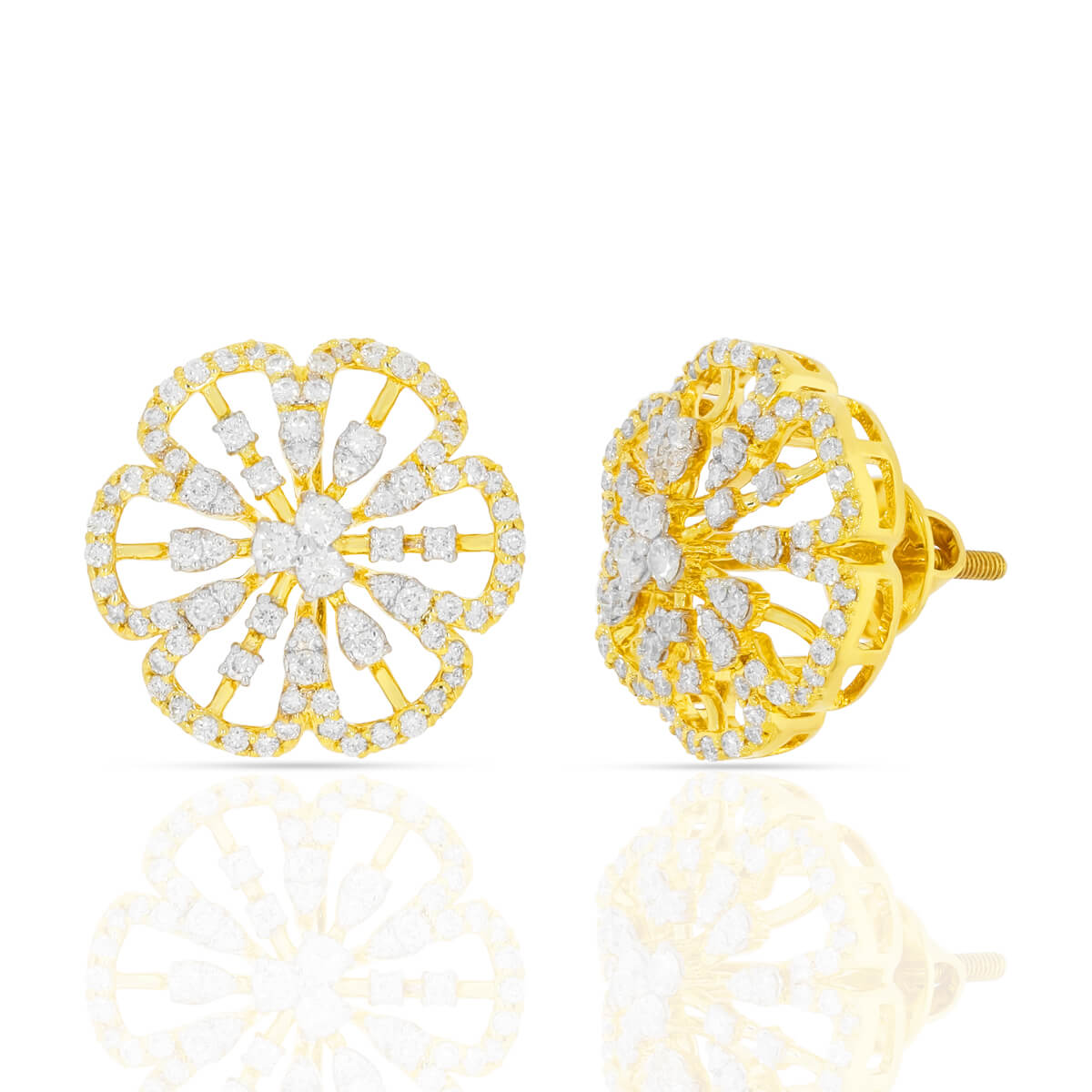 18K Floral Gold Stud Earrings with Luxurious Diamond
