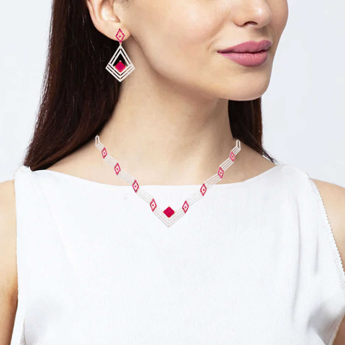 Crimson Elegance Diamond Short Necklace