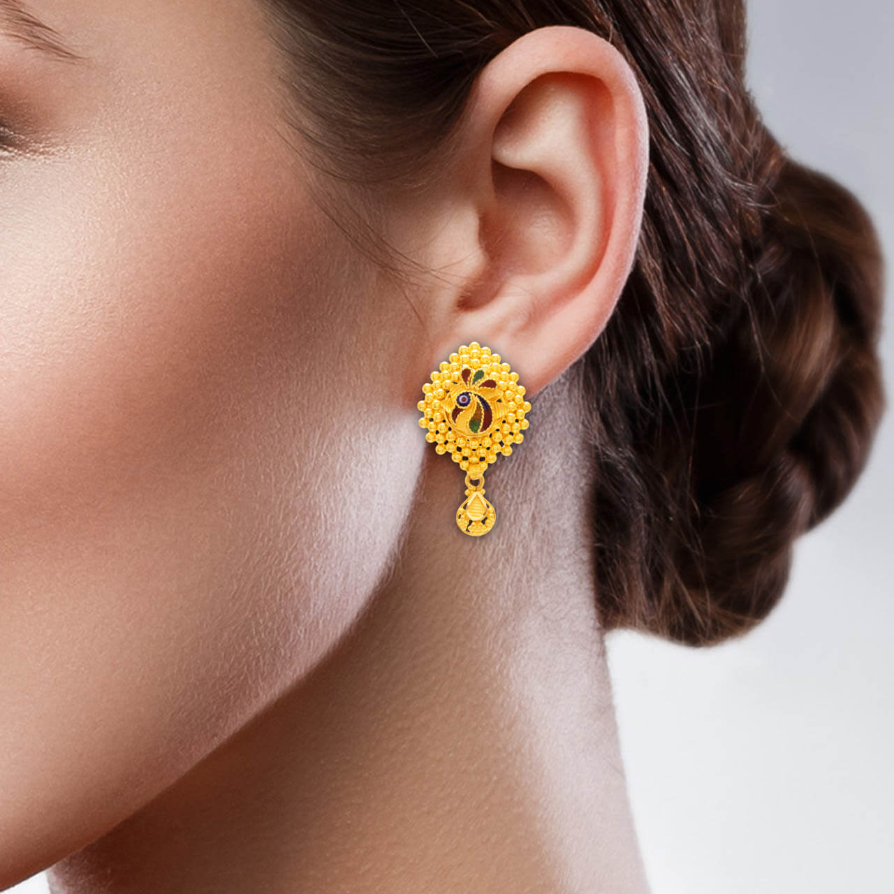 22K Exquisite Peacock Motif gemstone Stud Earrings