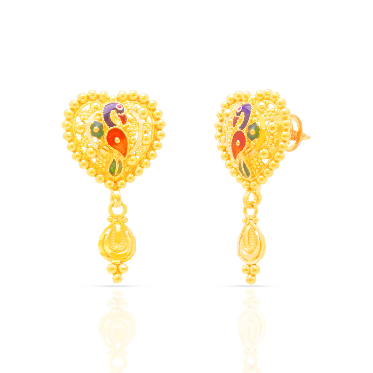 18K Vibrant Peacock Motif Gold Dangler Earrings