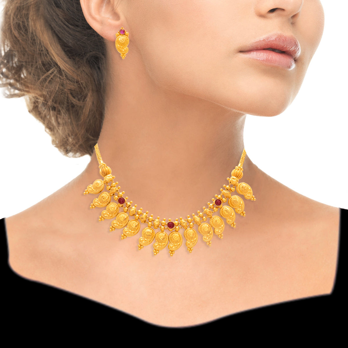 Luminous Paisley Gold Short Necklace and Earrings
