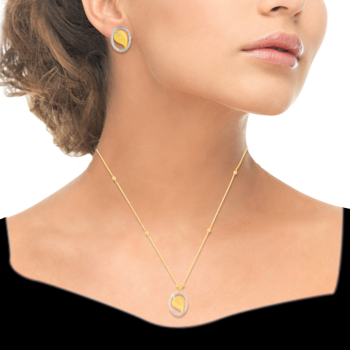 Leafy Charm Gold Short Necklace and Earrings