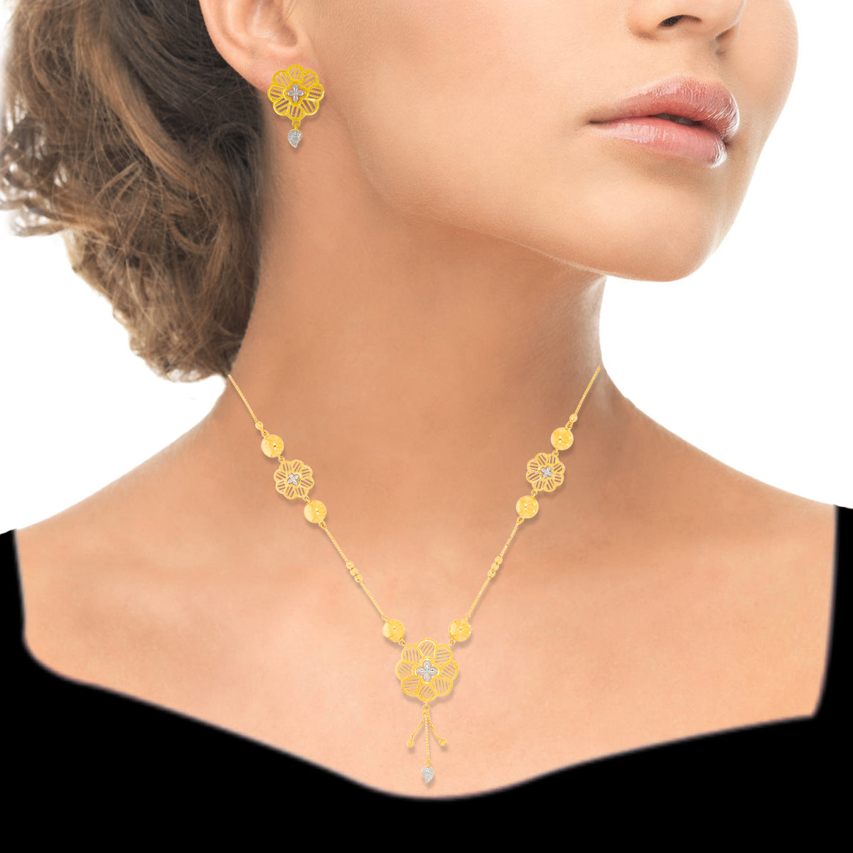 Floral Charm Gold Short Necklace and Earrings