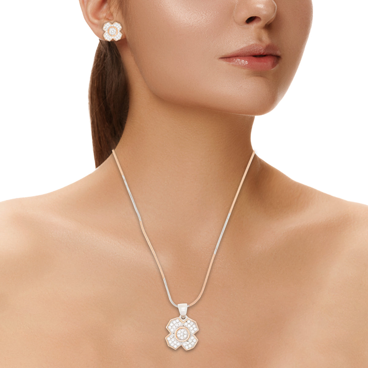 Floral Diamond Pendant Set In Silver