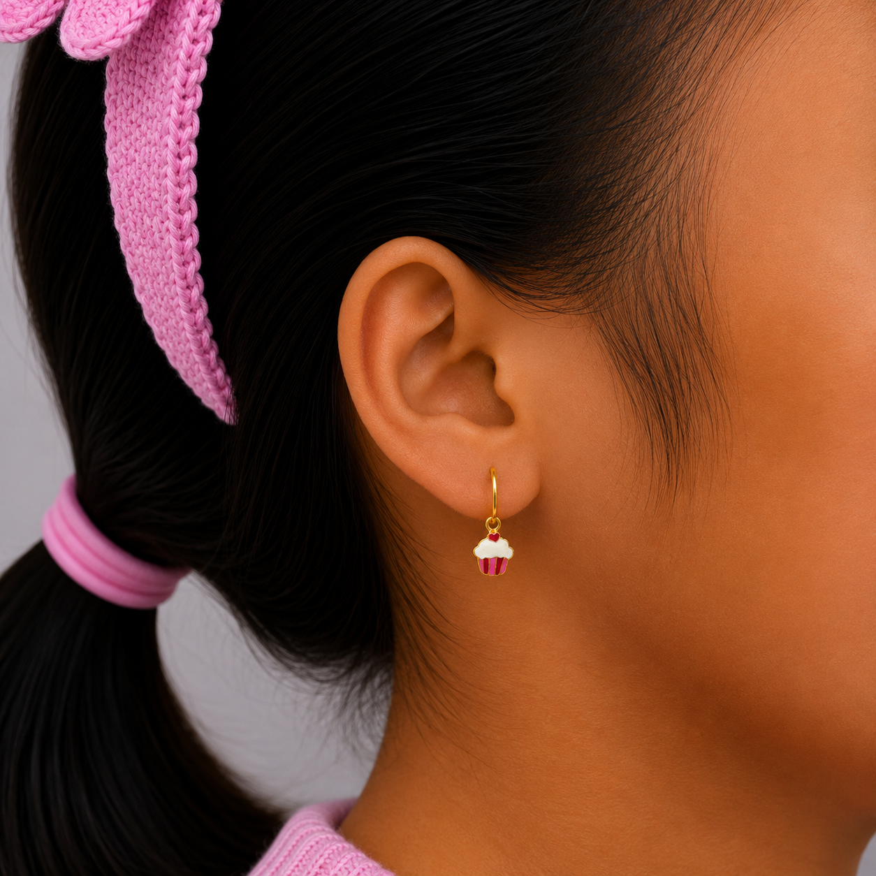 Tiny Cupcake Charm Gold Earrings for Kids