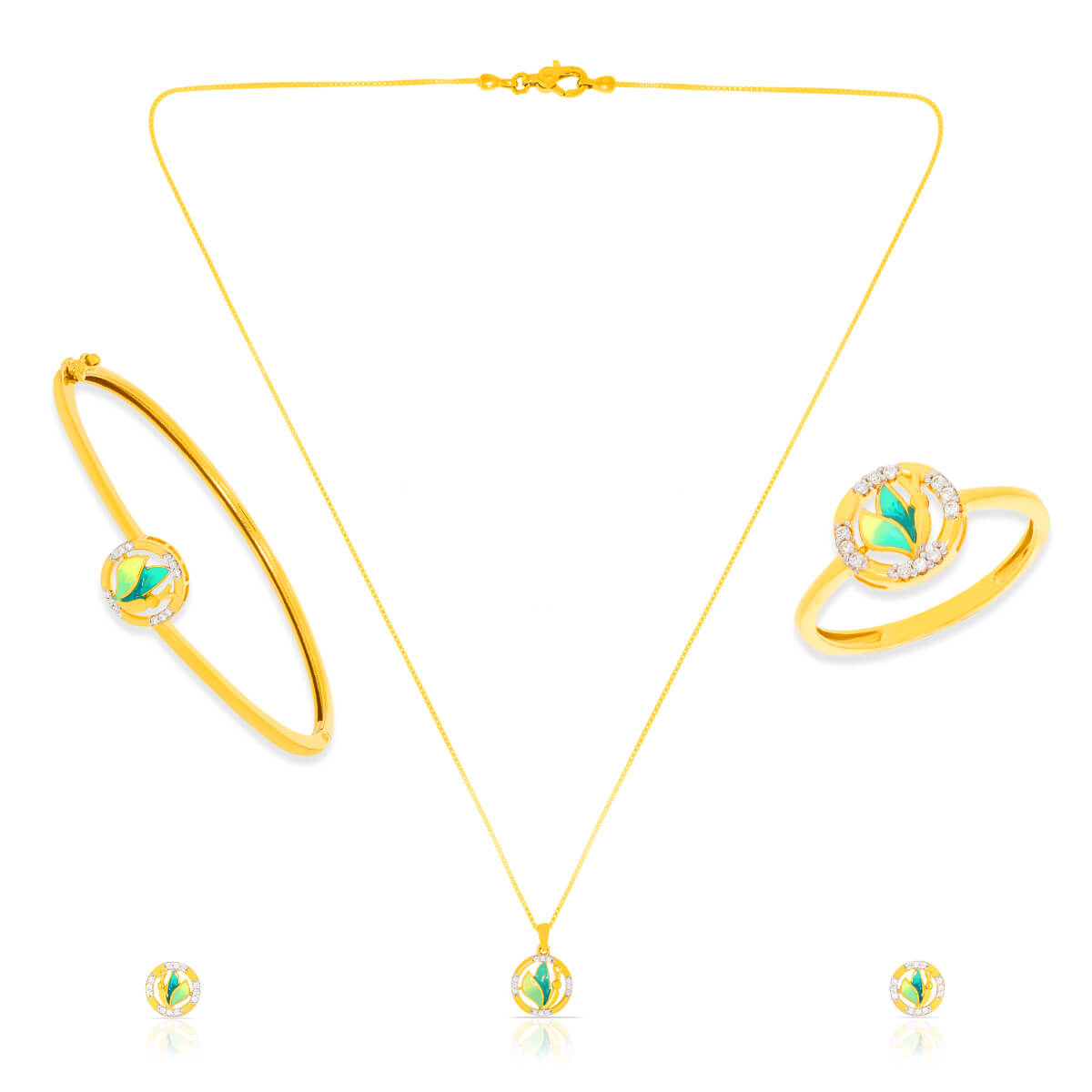 Green Enamel Glamour Gold Necklace Set With Ring And Bracelet with Free Gold Coin