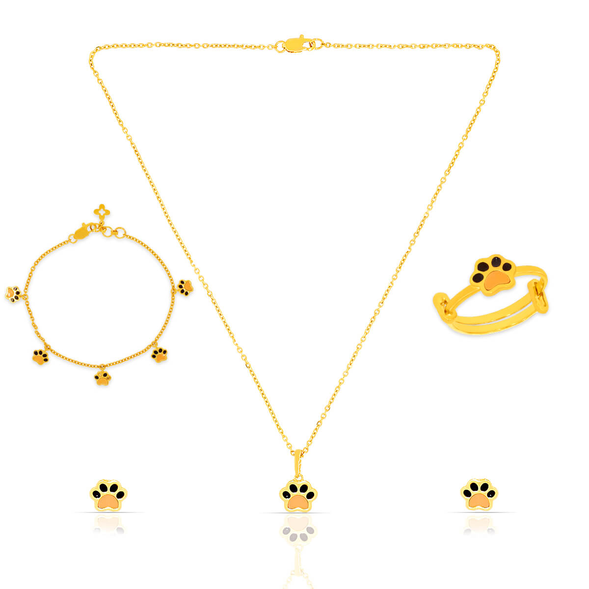 Miniature Paw Print Gold Necklace Set With Bracelet And Ring