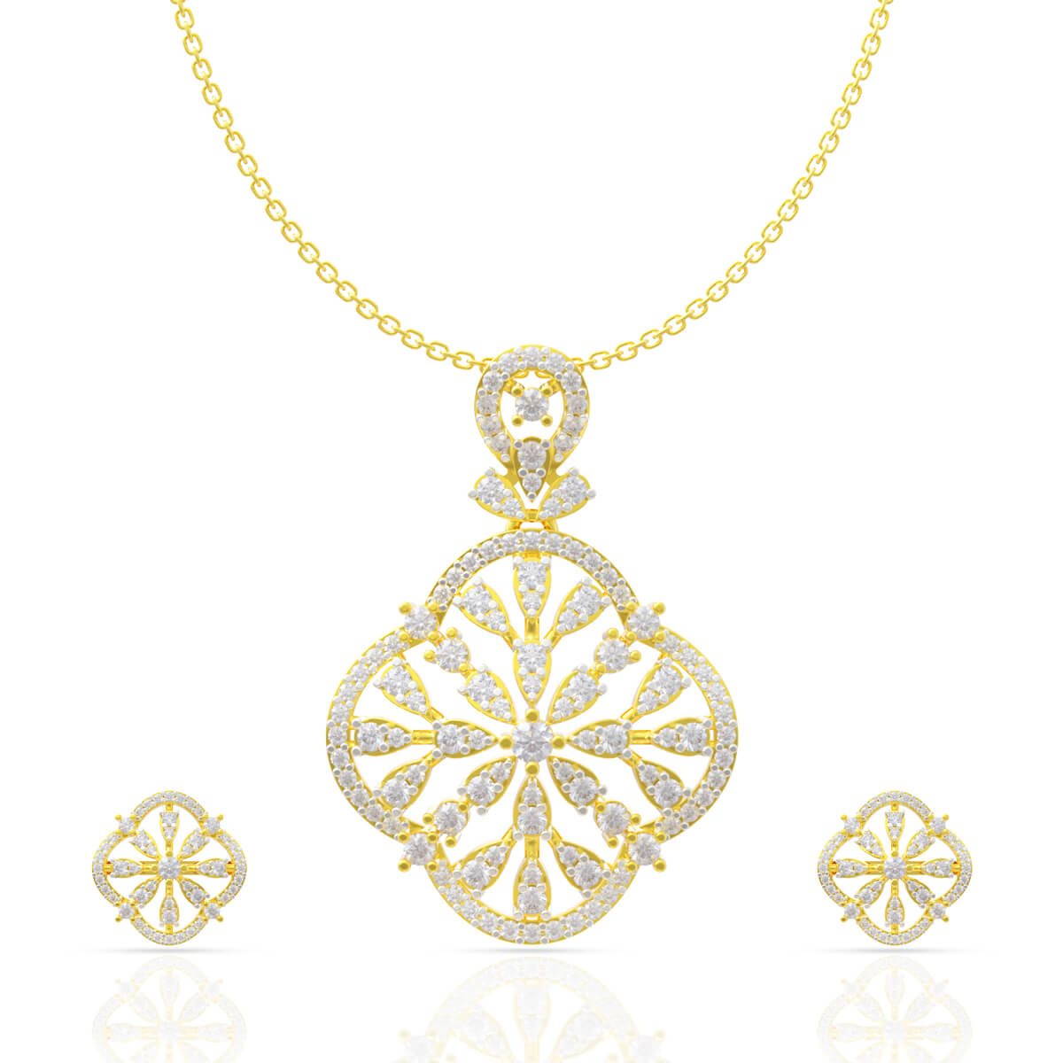 Angular Allure Square Diamond Pendant With Earring