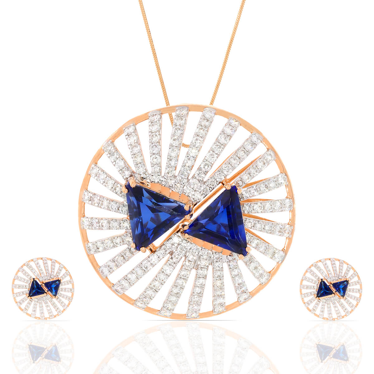 Geometric Blue Stone Rose Gold Diamond Pendant Set with Free Gold Coin