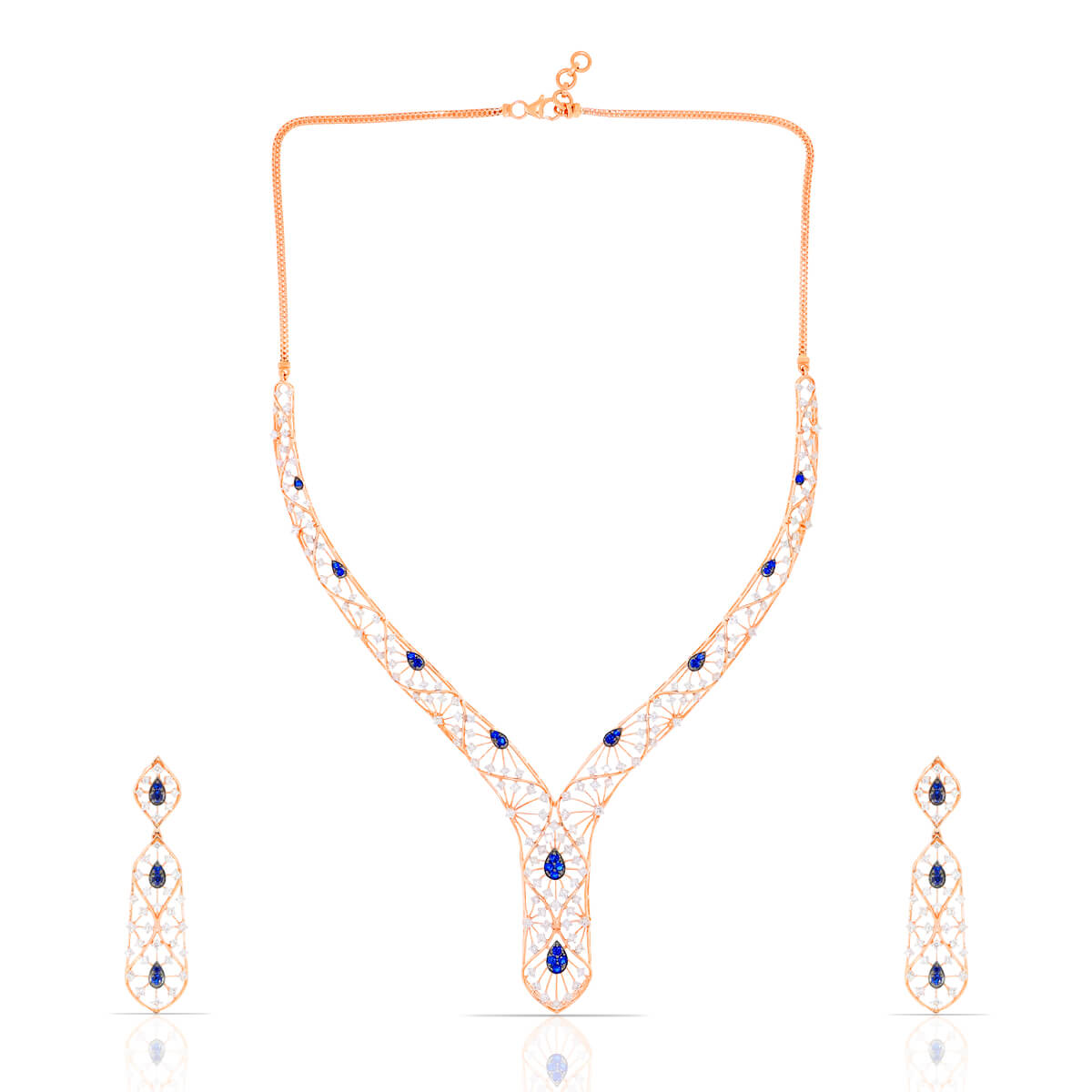 Blue Brilliance V-Neck Diamond Necklace Set with Blue Stones