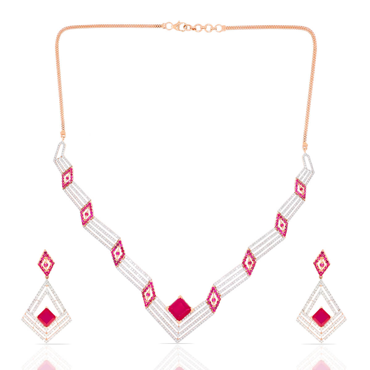 Modern Elegance With Our Geometric Design Pink Stone Diamond Necklace Set