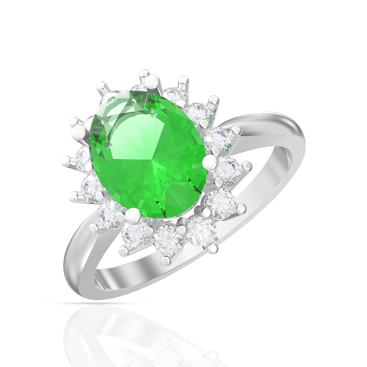 Green Stone Diamond White Gold Ring