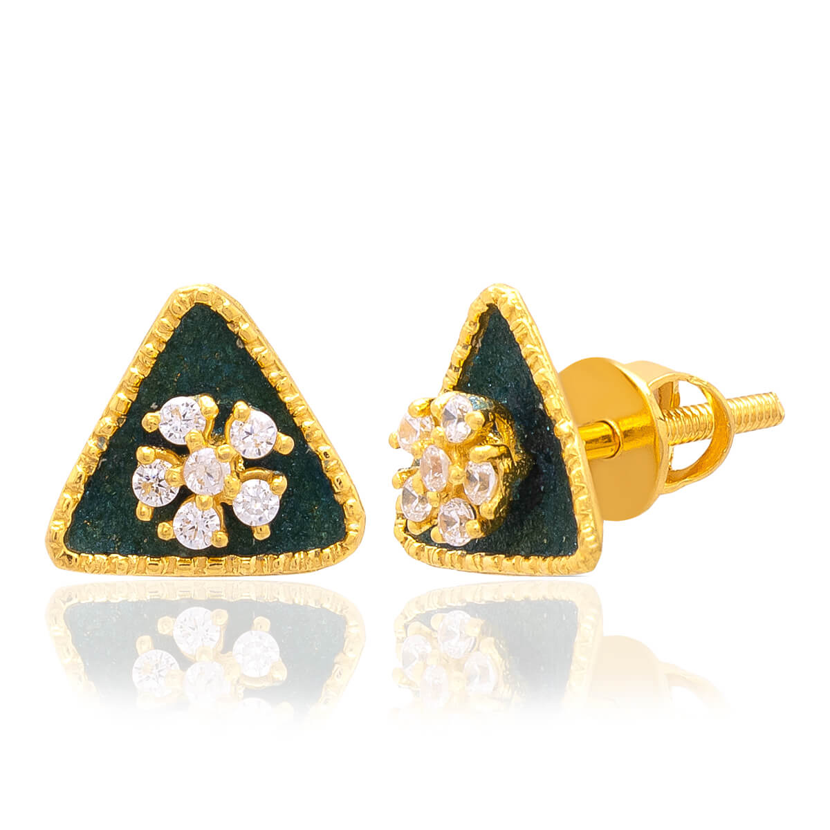 Green Gleam Triangle Gold Stud Earrings with Free Gold Coin