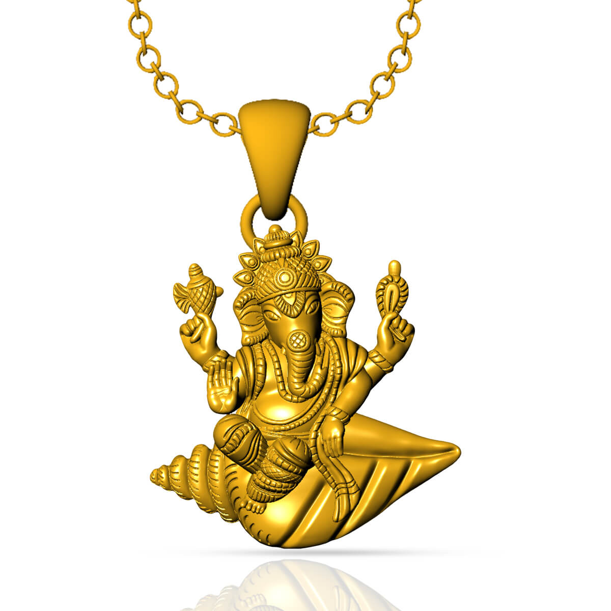 Ganpati Seating On Shank Gold God Pendant with Free Gold Coin