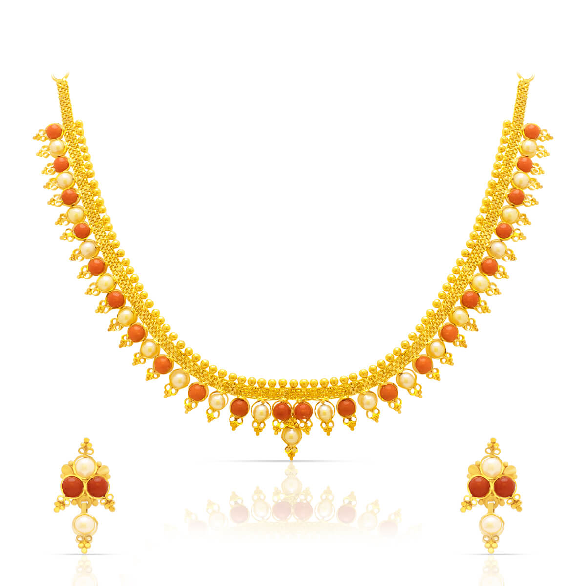 Coral And Pearl Gold Necklace Set